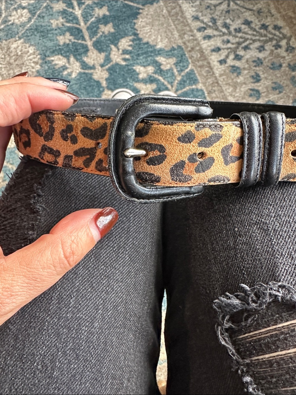 Leopard Print Suede Belt with Black Leather Trim As Is